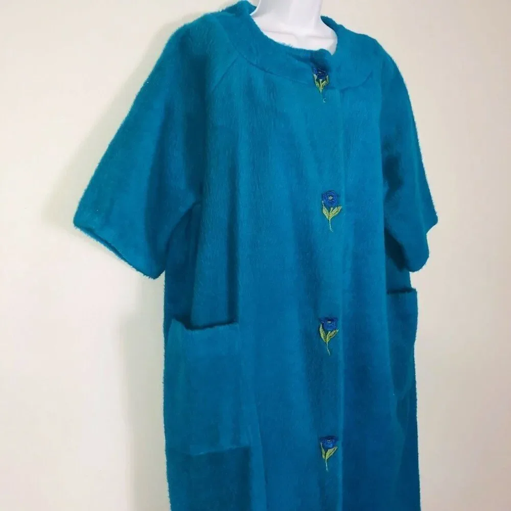 Vintage 50s 60s La Mar Frocks Robe Teal Blue Bathrobe Floral Womens L Faux Fur